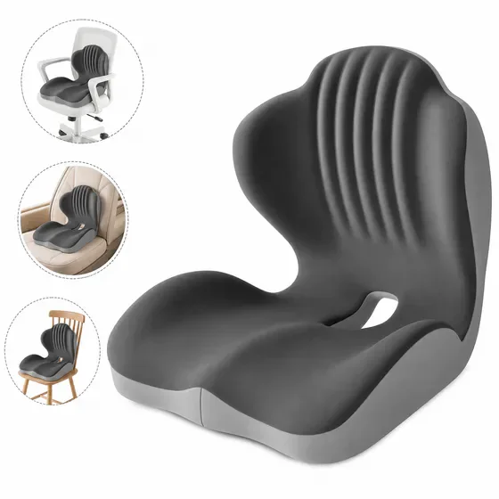 L‑Shaped Ergonomic Memory Foam Seat Cushion, Lower Back Support Pillow, Pain Relief for Long Sitting, for Office Chair & Car Seat, Black