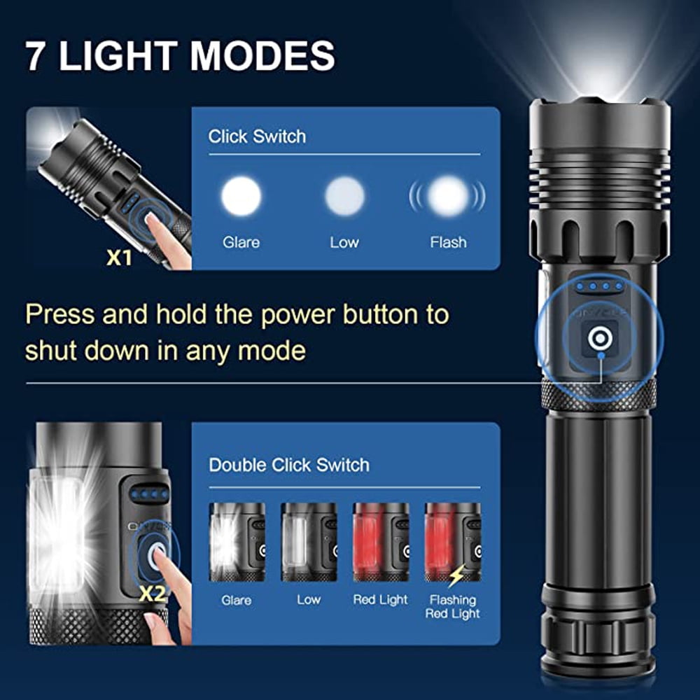 90000 Lumens Powerful Flashlight, Rechargeable Waterproof Searchlight Super Bright Handheld Led Flashlight with USB Zoom Torch for Emergency Hiking Hunting Camping