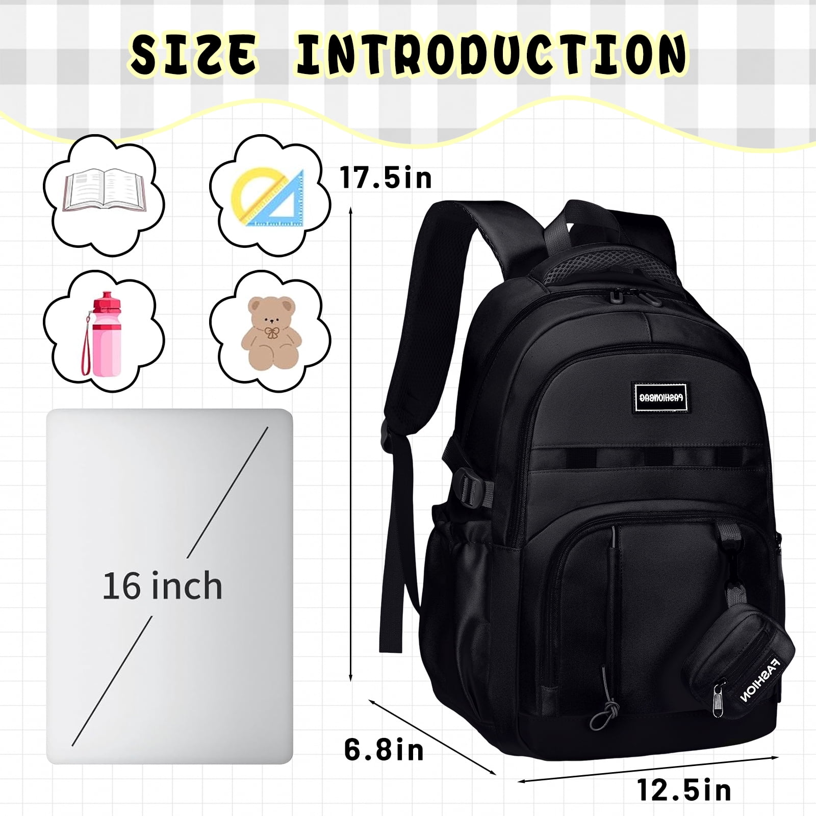 DAKIMOE School Backpack for College High Middle School Fashion Student Bag Cute Aesthetic Teen Bookbag for Teens Women Kids Girls Black