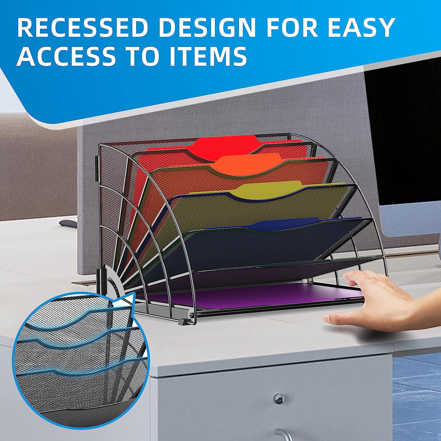 INTIGE Fan Shaped Desk File Organizer, 6 Compartments,Desk Storage for Office, Black