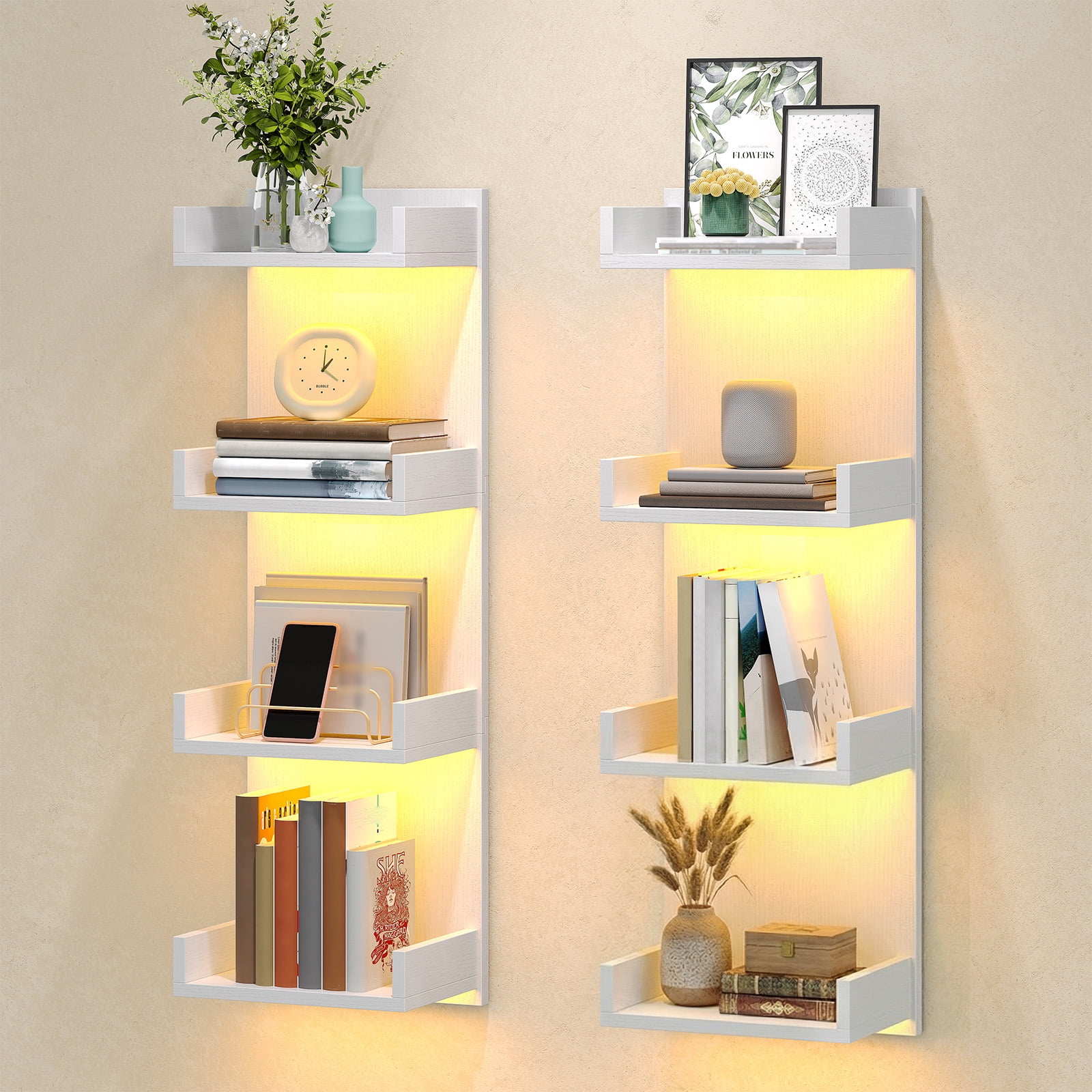 Vertical 4-Tier LED Floating Wall Shelves, White