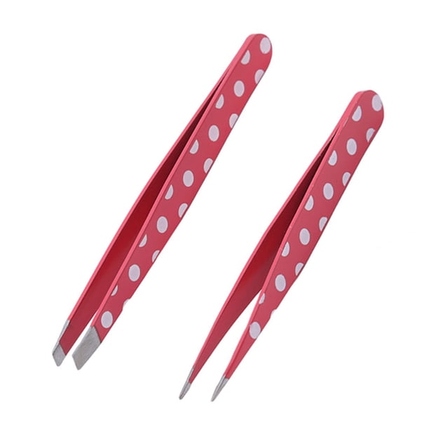 Pinzas de punta inclinada de acero inoxidable, 2 piezas, pinzas para cejas con diseño de lunares blancos, modelado de cejas y depilación facial