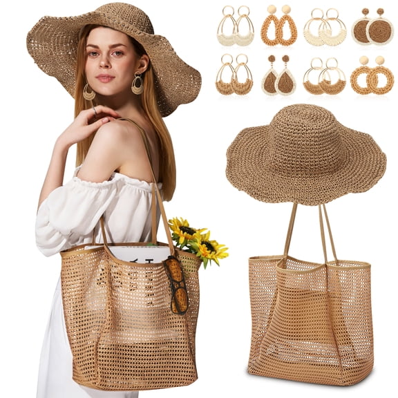 Bocaoying Beach Bag Set with Sun Hat & 8 Pairs Earrings, Mesh Tote Bag, Handwoven Rattan Accessories for Women's Vacation Essentials