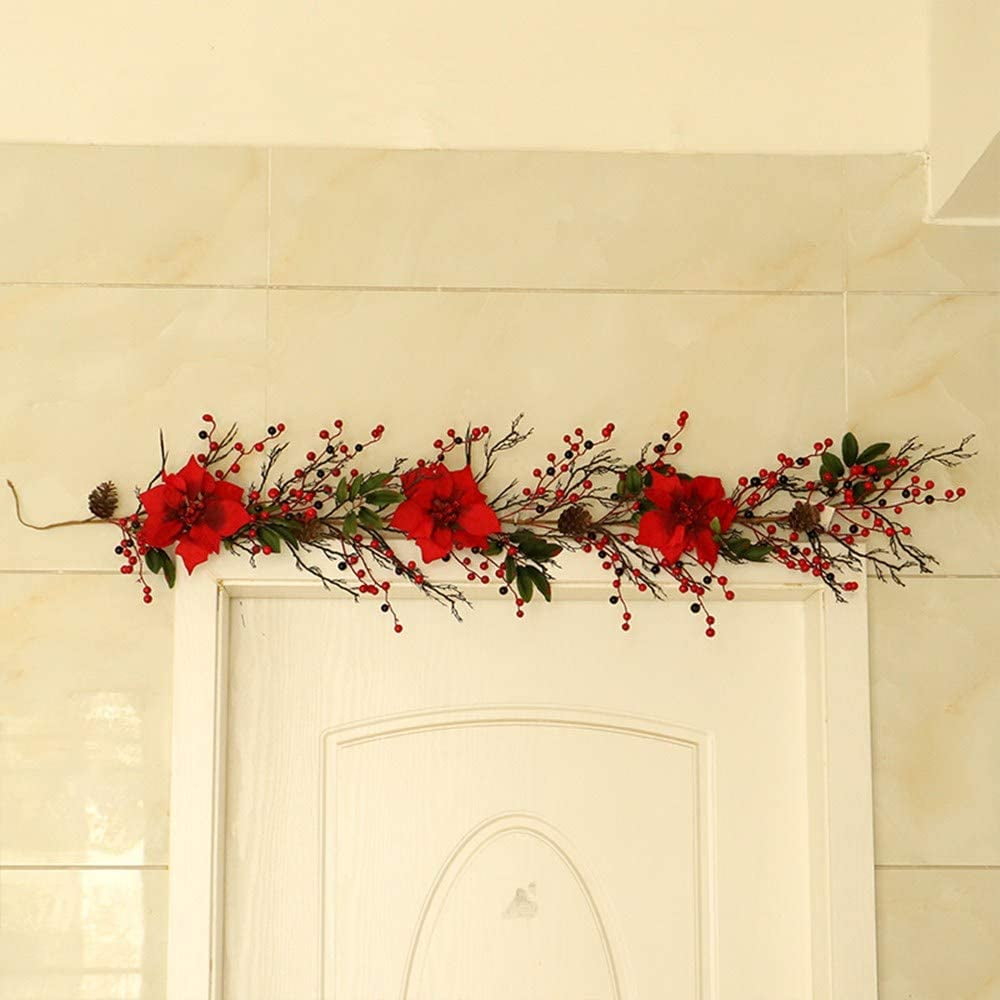 Artificial Front Door Garland 5Ft Red Christmas Flower Garland with Berries Vine Door Hanging