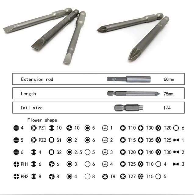 50pcs 75mm Bit Security Destornillador Bits Torx Star Hex Ranurado Phillips JShteea Para estrenar
