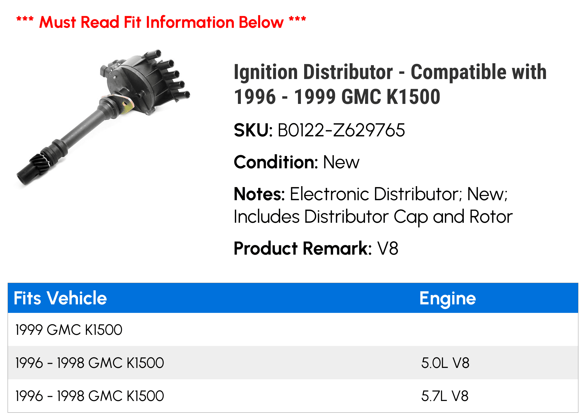 Ignition Distributor - Compatible with 1996 - 1999 GMC K1500 1997 1998