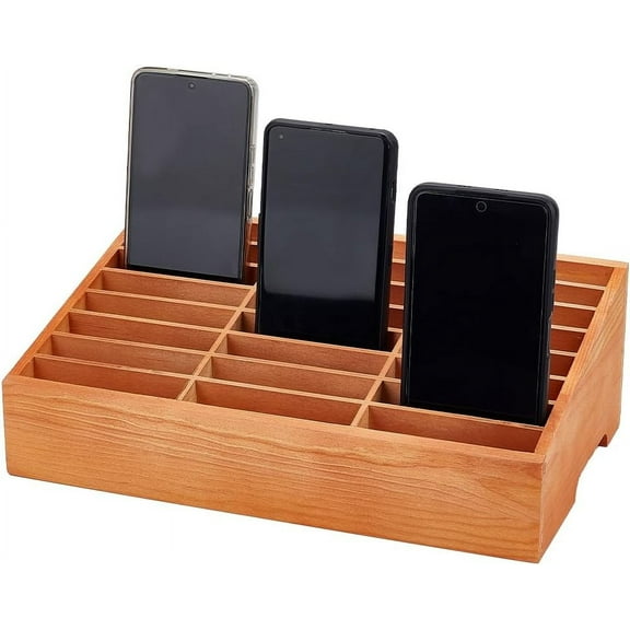 24-Grid Wooden Cell Phone Storage Box Mobile Phone Holder Desktop Organizer Storage Box for Classroom Office Sienna 308x190x105mm
