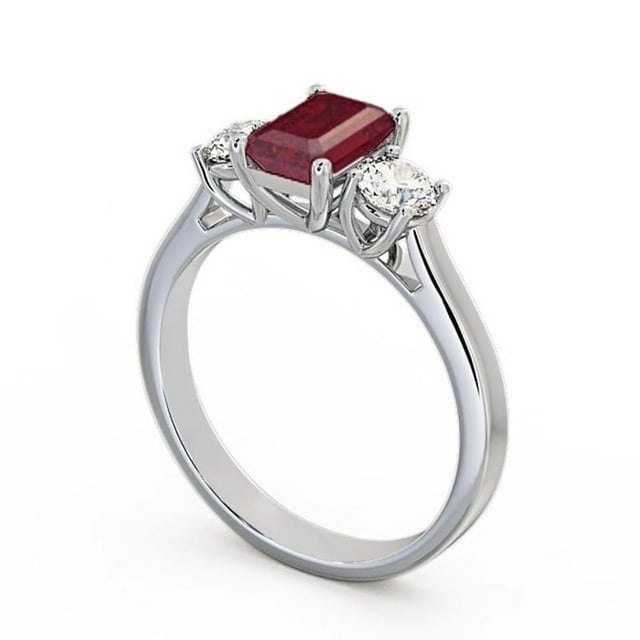 1.50 Ct Emerald Cut Real Diamond Red Ruby Gemstone Shiny Three Stone Ring for Wedding 14K White Gold Size 6