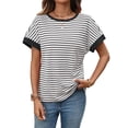 thumbnail image 3 of Women'S Short Sleeve Knit Tops Trendy Crewneck Striped T Shirts Casual Summer Blouses Outfits White S, 3 of 9