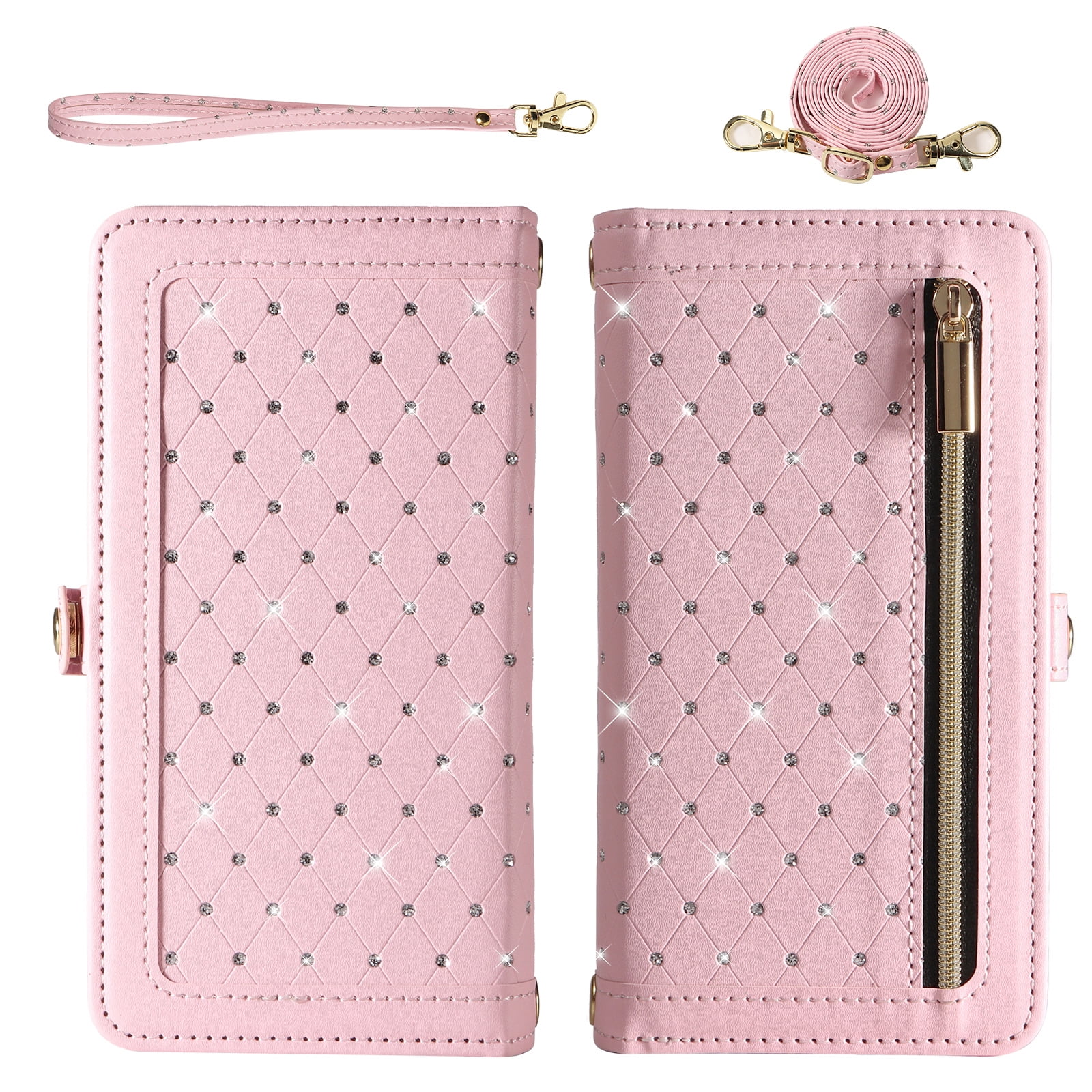 Phone Case for OnePlus Nord N200 5G Zipper Wallet Detachable Cell Cover with Tempered Glass Screen Protector Crossbody Lanyard Strap Bling Glitter Flip Card Holder Slot One Plus N 200 G5 Women Pink
