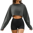thumbnail image 3 of Craaazy Women's Loose Solid-Color Long-Sleeved Crew Neck Comfy Cropped Sweatshirts Gifts, 3 of 9