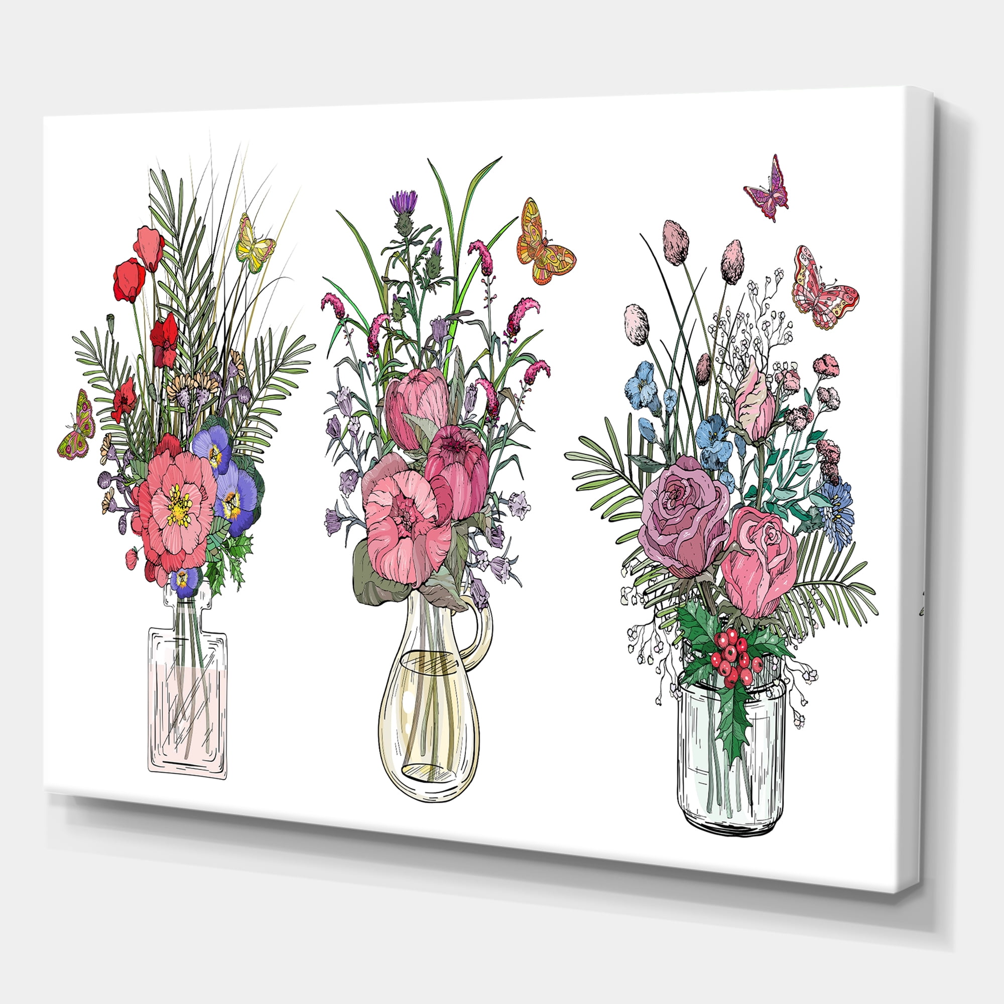 Designart ' Transparent Vases With Bouquets of Wildflowers II ' Farmhouse Canvas Wall Art Print
