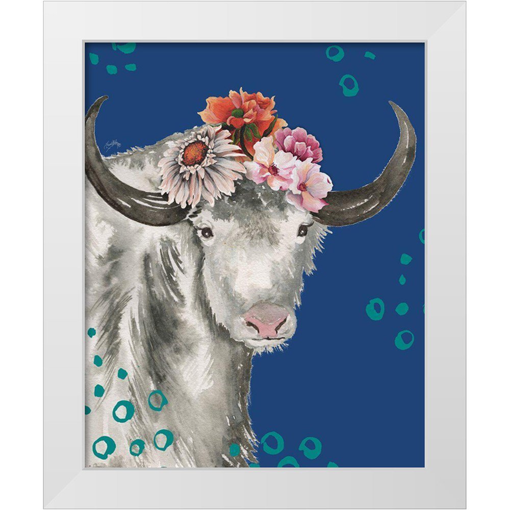 Medley Elizabeth 15x18 White Modern Wood Framed Museum Art Print Titled - Floral Yak on Blue