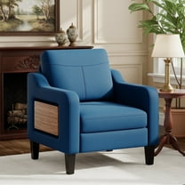EOP Modern Upholstered Armchair, Linen Fabric Accent Chair with 2 Side Pockets, Living Room Chair with Foldable Table, Comfy Reading Chair for Bedroom, Blue