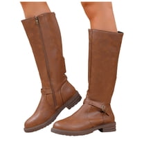 Rokment Wide Calf Knee High Motorcycle Riding Boots for Women Fall Winter Stylish Solid Leather Chunky Low Heel Cowboy Tall Dress Booties Brown Size 6