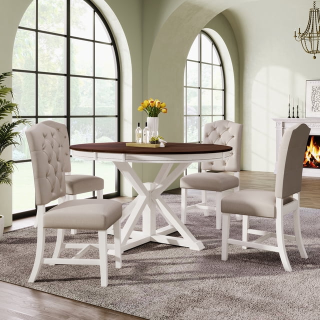Noble HouseFunctional Furniture Retro Style Dining Table Set with Extendable Table and 4 Upholstered Chairs(Off White+Walnut)