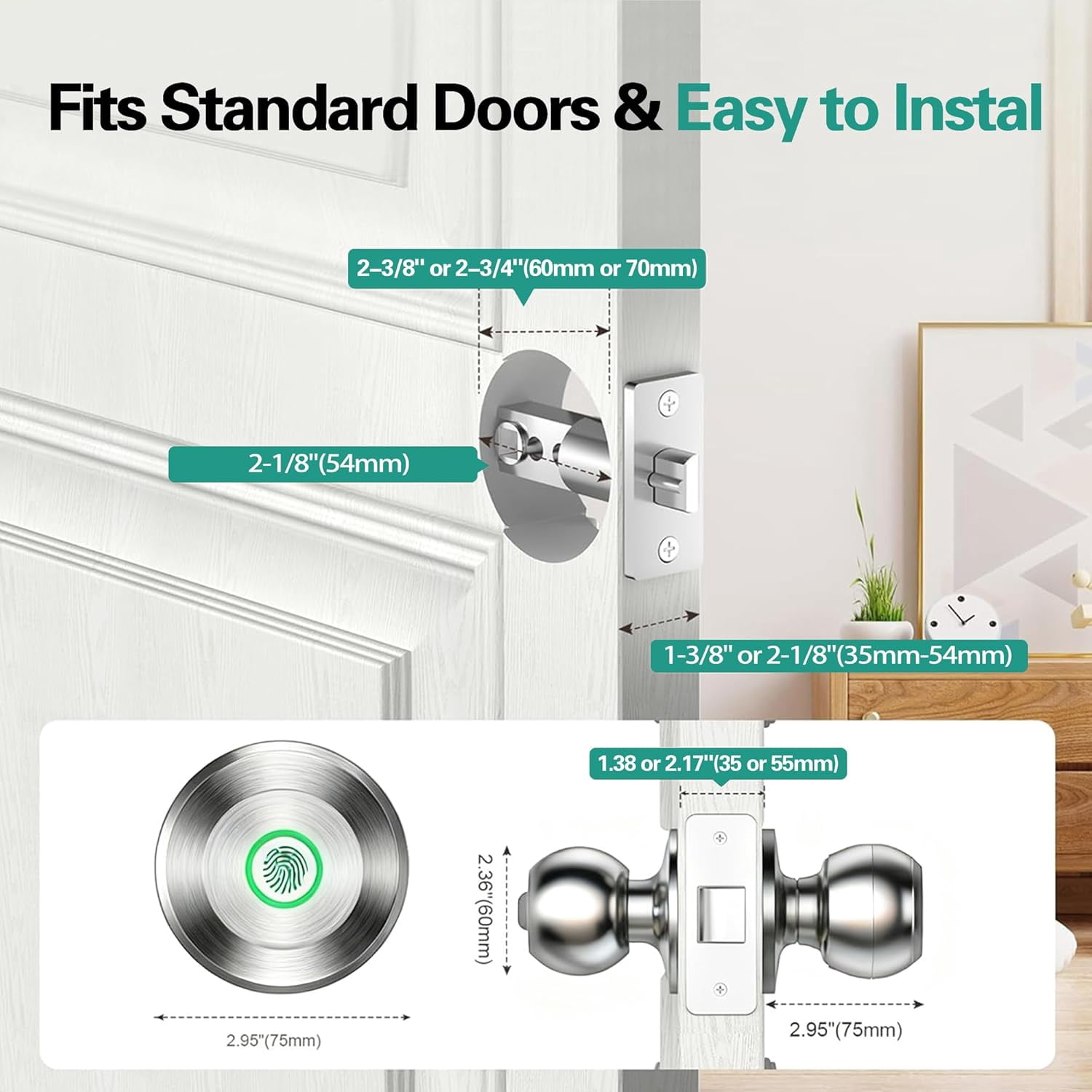 Fingerprint Door Lock, Smart Door Knob with App Control, Auto-Lock, Easy Installation, Great for Bedrooms, Cloakroom, Apartments, Offices (Silver)