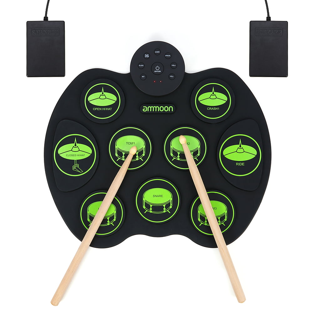 kids toys Roll Electronic Drum Set Cartoon Electronic Drum for Children and Beginners 9 Drum pad 2 Pedal Portable Drum Set with Headphones/Audio Jack 