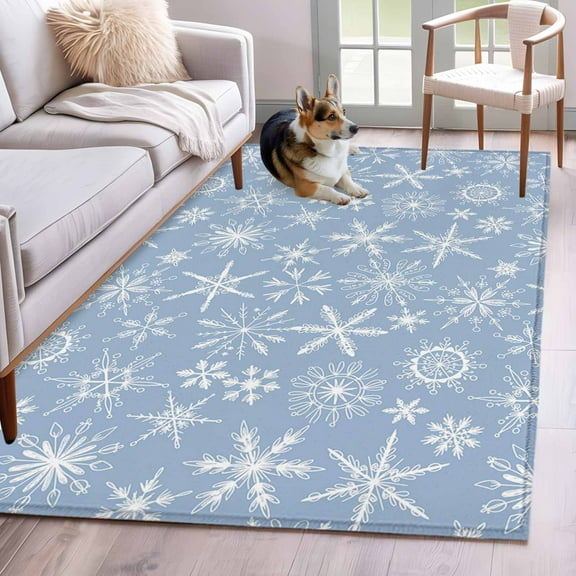 Blue Christmas Snowflakes Area Rug 3x5 Washable Rug Non Slip Modern Xmas Winter Textured Large Area Rug Indoor Floor Carpet for Entryway Bedroom Kitchen Living Room Home Office Dining Room Nursery
