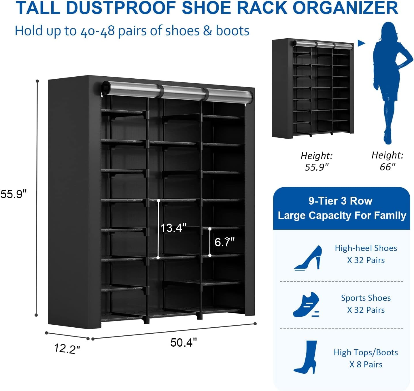 9-Tier Large Tall Shoe Rack with Covers 40-46 Pairs, Sneaker Rack Organizer Shoes Cabinet Closed Shelves Shoe Stand Holder for Garage ,Zapateras Organizer for Shoes 50 Pares