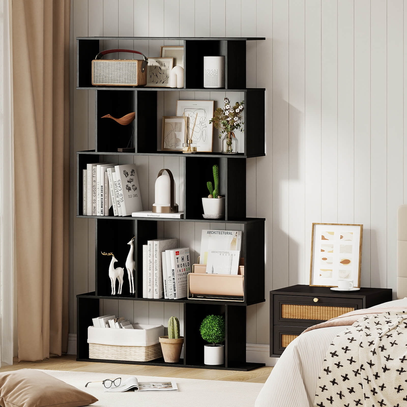 Costway 2 PCS 5-Tier Geometric Bookshelf with Open Shelves Closed-back Cubes for Living Room Black