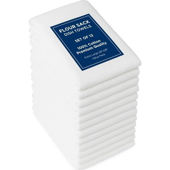 ROYALE LINENS Flour Sack Dish Towels - Kitchen Towel - Super Absorbent Flour Sack -100% Ring Spun Cotton -Tea Towels - for Embroidery, Cloth Diapers, Cheese Strainers (White - 28" X 28" Pack of 12)