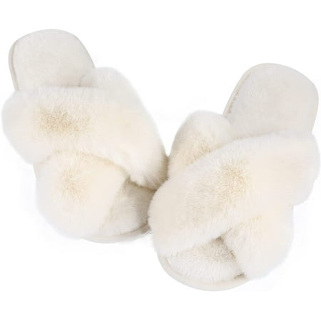 

Womens Fuzzy Memory Foam Slippers - Cross Band Cozy Plush Home Slippers Fluffy Furry Open Toe House Shoes Indoor Outdoor Slide Slipper