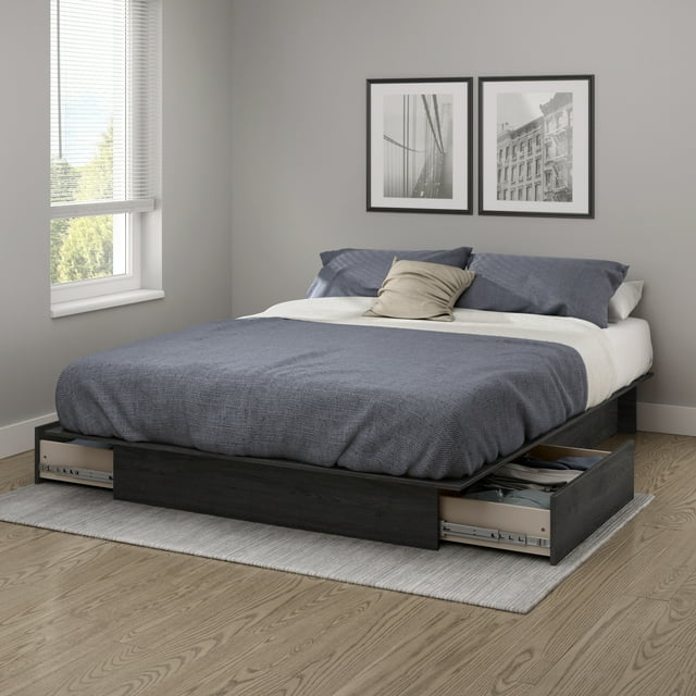 South Shore Step One Full/Queen Platform Bed with drawers, in Gray Oak