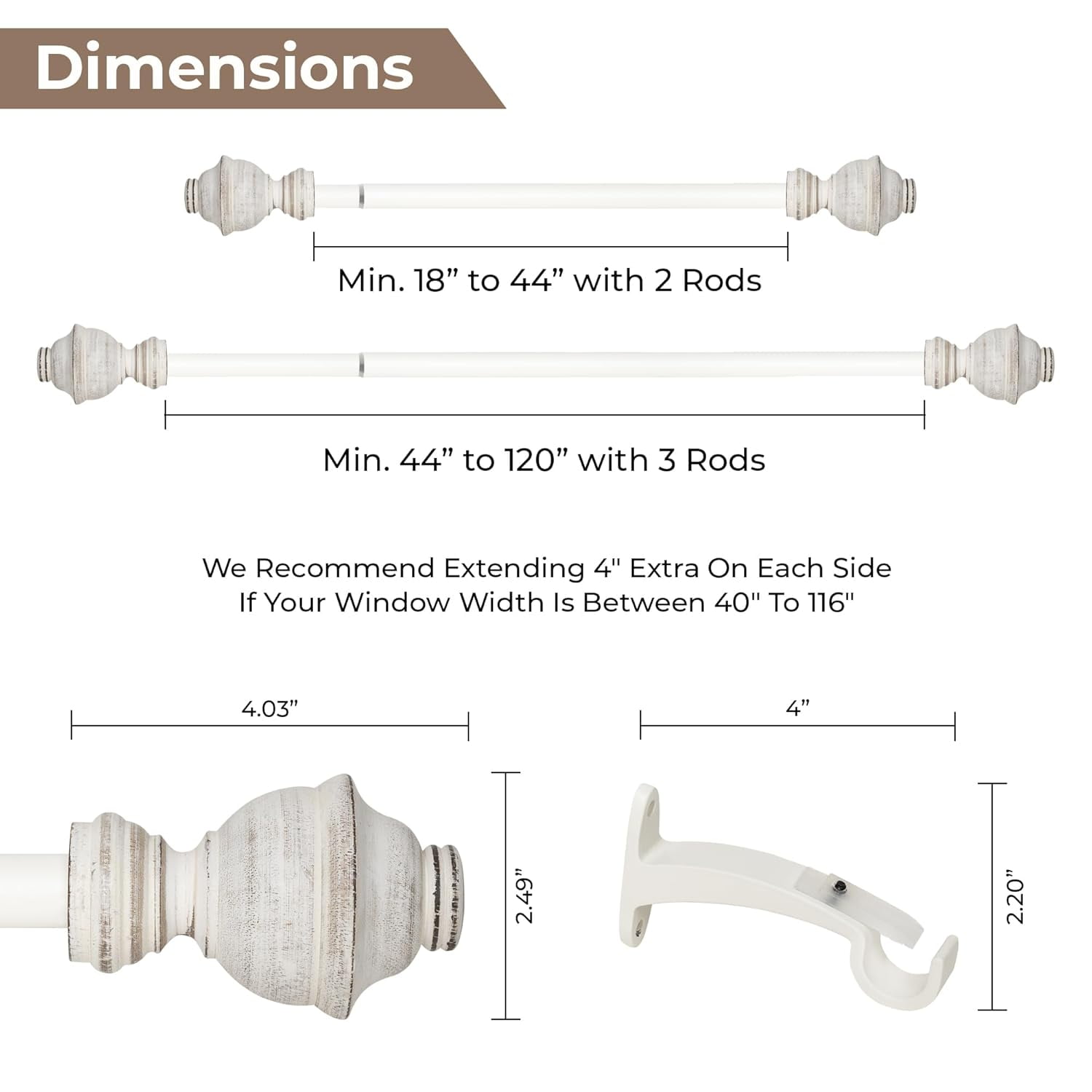 Deco Window Adjustable Curtain Rod for Windows 44 to 120 Inch (Pack of 1) Extendable Curtain Rod with Cambria Finial (Ivory)