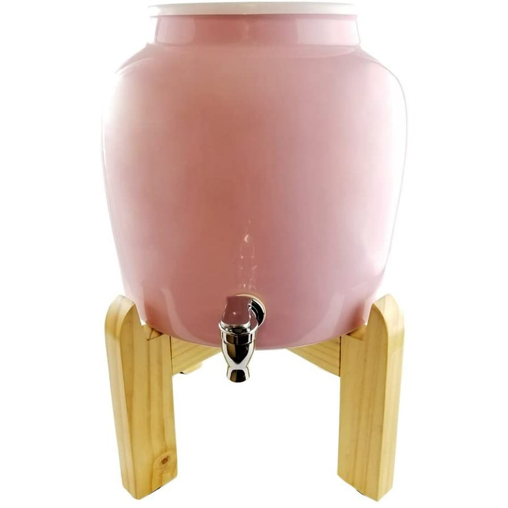 Premium Solid Pink Porcelain Water Crock Dispenser & Wood Counter Stand