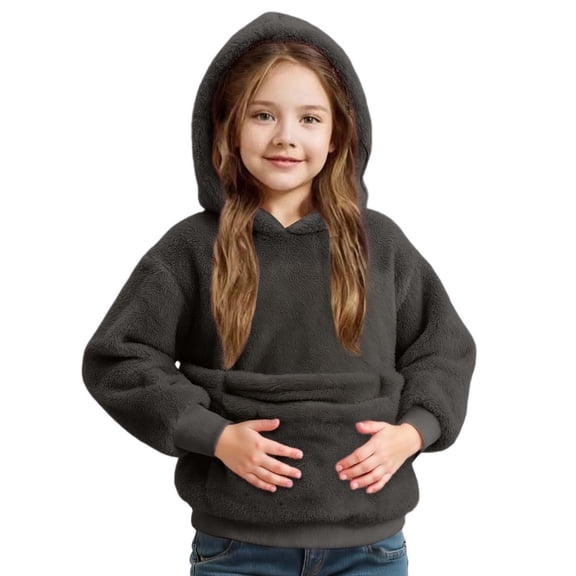 XUELUO Big Girls Hoodies Solid Plush Long Sleeve Hooded Sweatshirts Soft Cozy Early Spring Wear Warm Pullover Tops With Pocket