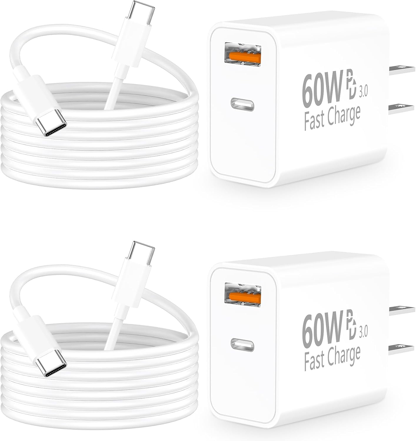 MHAWBL-iPhone 17 Charger Fast Charging, 60W GaN USB-C & USB-A Wall Charger Block with 2 USB C to USB C Cable 6ft, Compatible with iPhone 17/Air/16/15/Pro Max/iPad/Samsung