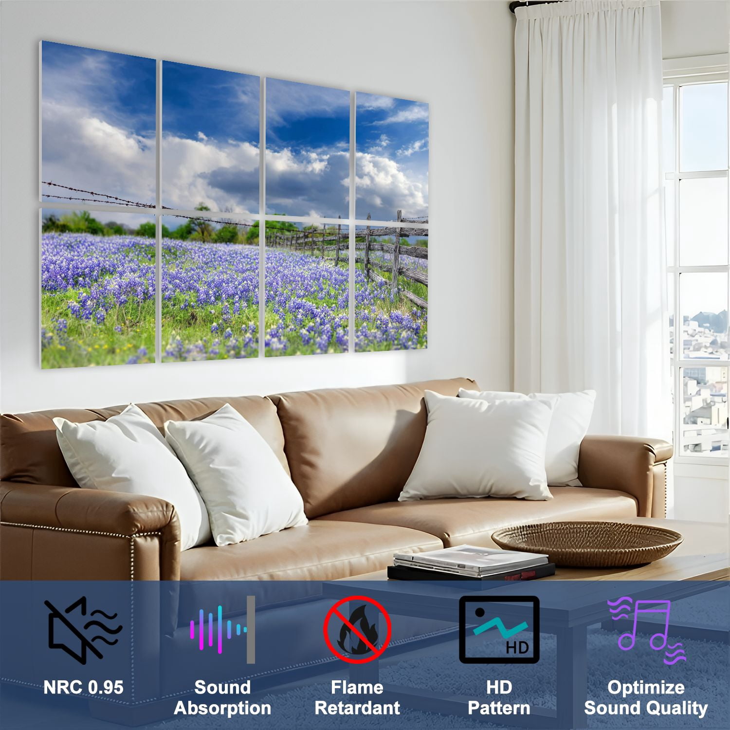 8 Pack Art Acoustic Panels Sound Absorbing clouds Texas bluebonnets Decorative Soundproof Wall Panels Self Adhesive for Nursery Game Room Bedroom 48"x32"