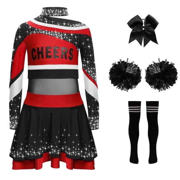 Sholeno Kids Girls Cheer Leader Uniform Dance Top Skirt Set with Pom Poms Cheerleading Outfit Red Black 14