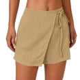 thumbnail image 5 of Women's Polyester Casual Solid Color Lace Up Pocket Shorts, Mid Waist Elastic Loose Drawstring, Pockets Lace Up, Summer Outdoor Travel Vacation Beach, Womens Shorts | UKHCCC,Khaki M, 5 of 7