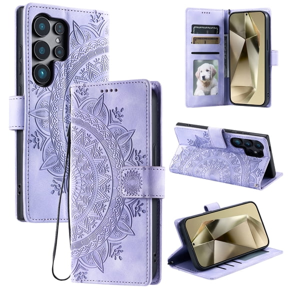 Dteck Magnetic Wallet Pocket Case for Samsung Galaxy S26 Ultra, Shockproof Embossed PU Leather Flip Wallet Folio Card Slot Kickstand Hand Strap Cover, Purple
