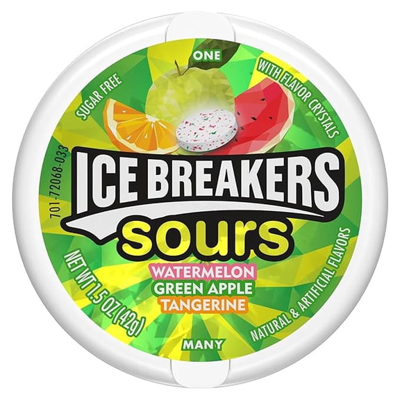 (1 pack) ICE BREAKERS Sours Assorted Fruit Flavored Sugar Free Mints Tin, 1.5 oz