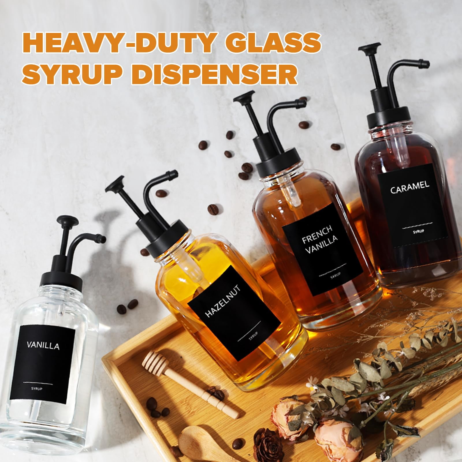 Coffee Bar Accessories  Glass Syrup Dispenser With Pump 16.9 Fl Oz/500ml Bottles For Organizer Labels Spoons 4 Pack