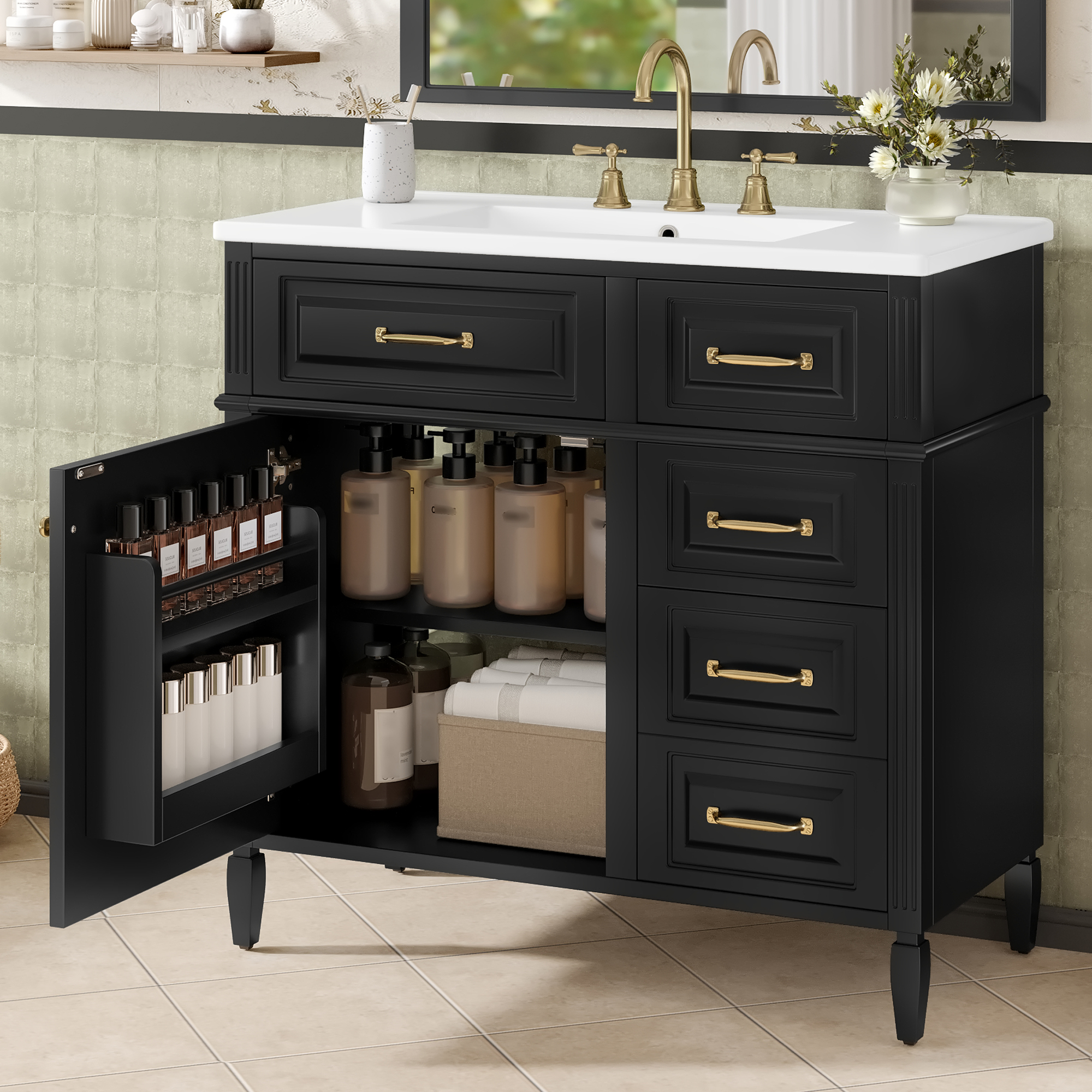 Euroco 36-Inch Bathroom Vanity with Ceramic Sink Top, Solid Wood Frame and MDF Cabinet, Flip Drawer Design with Adjustable Shelf and Metal Handles, Freestanding Bathroom Storage Cabinet