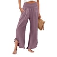 thumbnail image 2 of Wide Leg Linen Pants for Women Cropped Elastic Waist Ruffle Hem Beach Flowy Pants with Pockets Womens Spring Pant Dark Purple 2XL, 2 of 7