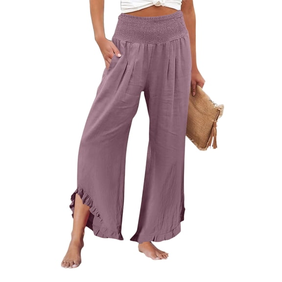 Lumtrix Women Ruffle Palazzo Pants Summer Smocked Waist Wide Leg Pant Vacation Boho Flowy Dress Beach Pant wirh Pockets Dark Purple L