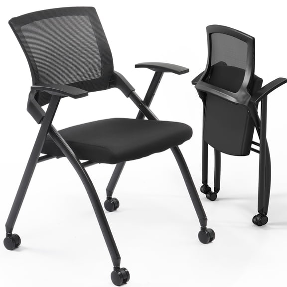 IVV 2 Pack Stackable Office Chair with Wheels, Folding Conference Room Chairs with Rebound Back, Padded Seat for Training Room, Guest, Reception, Event, Max 350lbs Load, Black