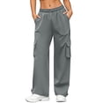 thumbnail image 2 of Hvogkswy Cargo Pants for Women Elastic Drawstring Straight Leg Loose Long Trousers Multi Pockets Solid Casual Athletic Work Pants S-3XL, 2 of 9