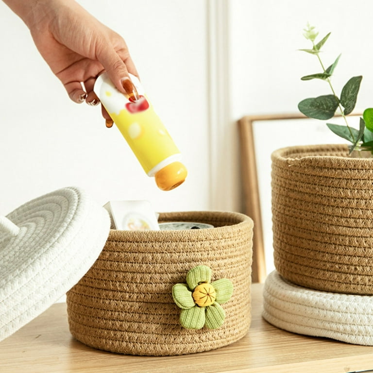 Small Basket Set with Lid - Set of 3 Round Storage Baskets with Lid - Decorative Storage Basket with Lid, Woven Basket with Lid, Cute Cotton Rope