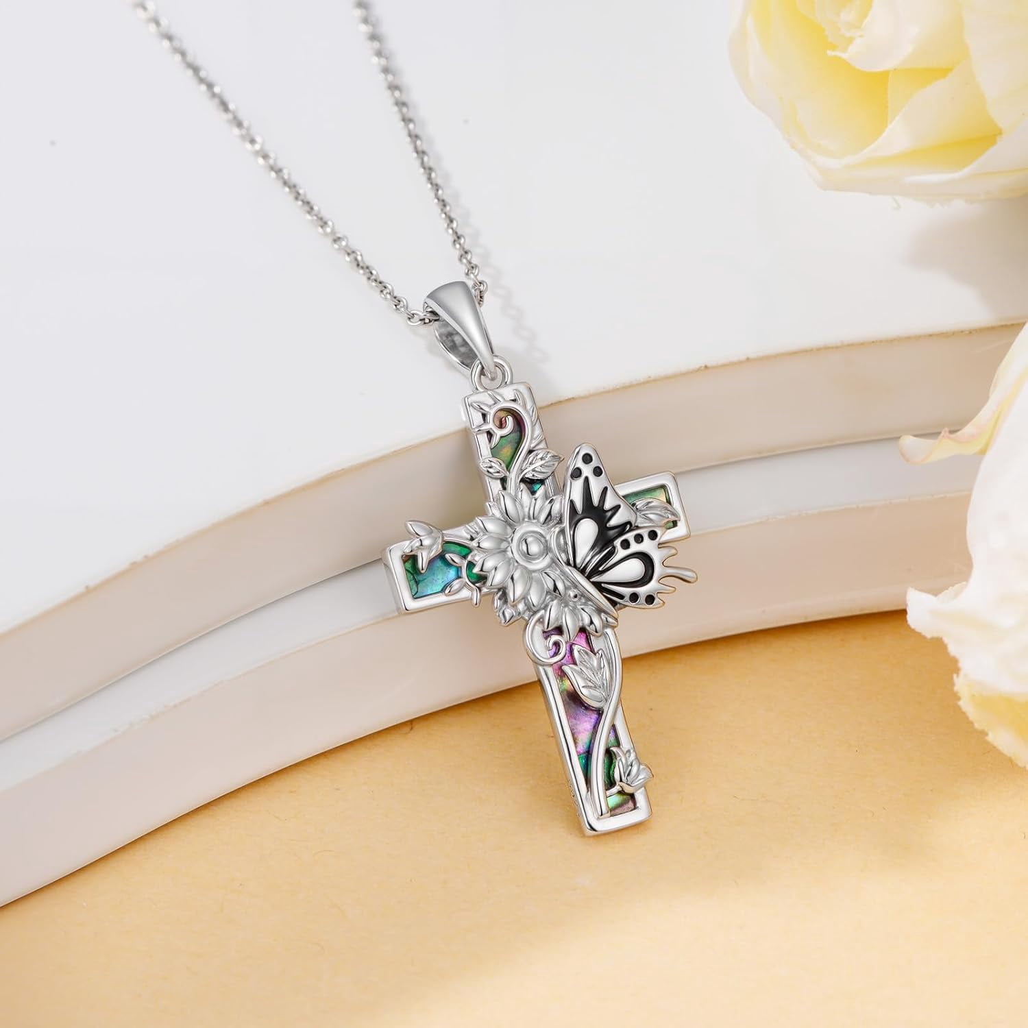Dorunmo Butterfly Cross Necklace 925 Sterling Silver Butterfly Sunflower Abalone Shell Cross Pendant Jewelry Religious Christian Baptism Gifts for Her Women