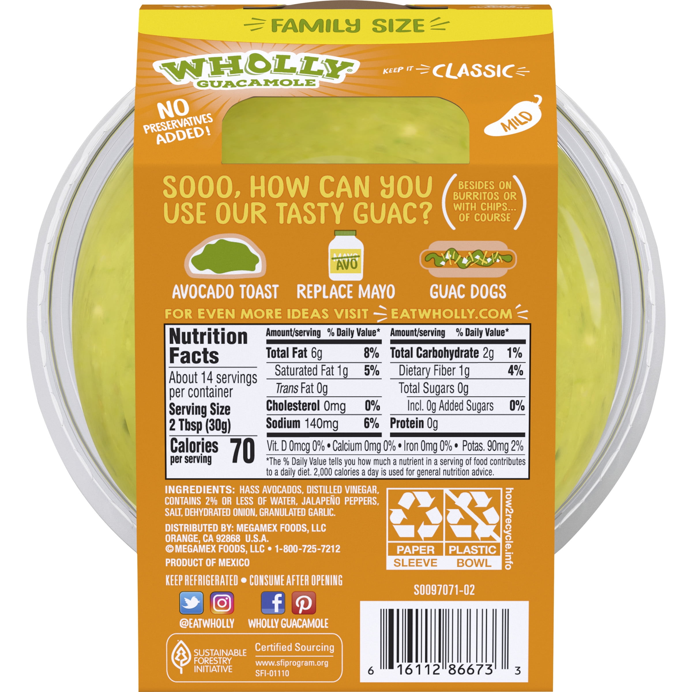 WHOLLY GUACAMOLE Classic Bowl Family Size, Hass Avocados, No preservatives added, 15 oz Tub