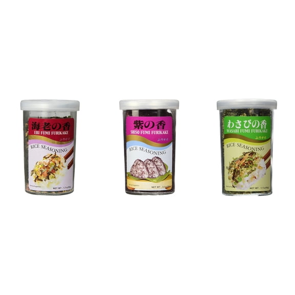 Ajishima JFC Rice Seasoning Fumi Furikake 3 Flavor Mixed Bundle (EBI,Shiso,Wasabi) Plus NineChef Brand Long Handle Coffee Spoon