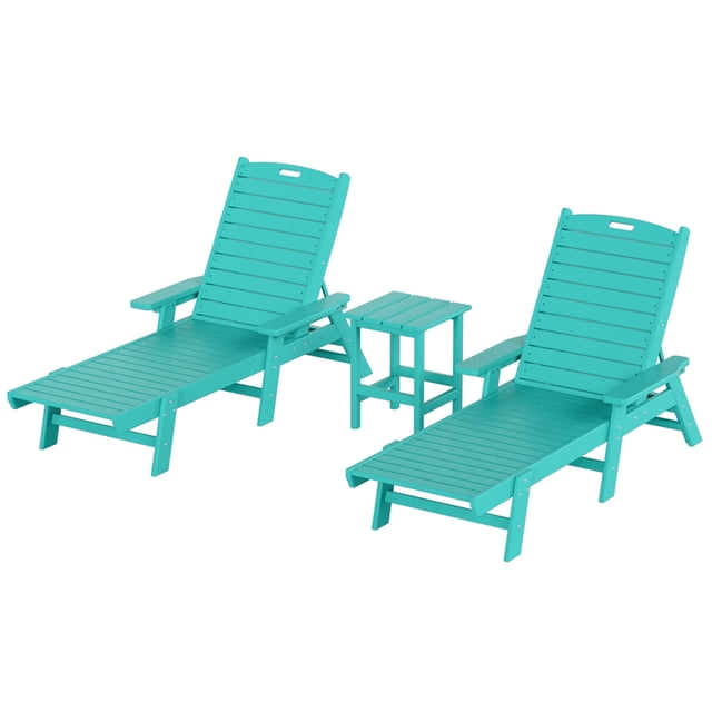 Ensemble de 3 Pcs de Chaises Longues/table Inclinables en Plastique HDPE pour Extérieur Turquoise