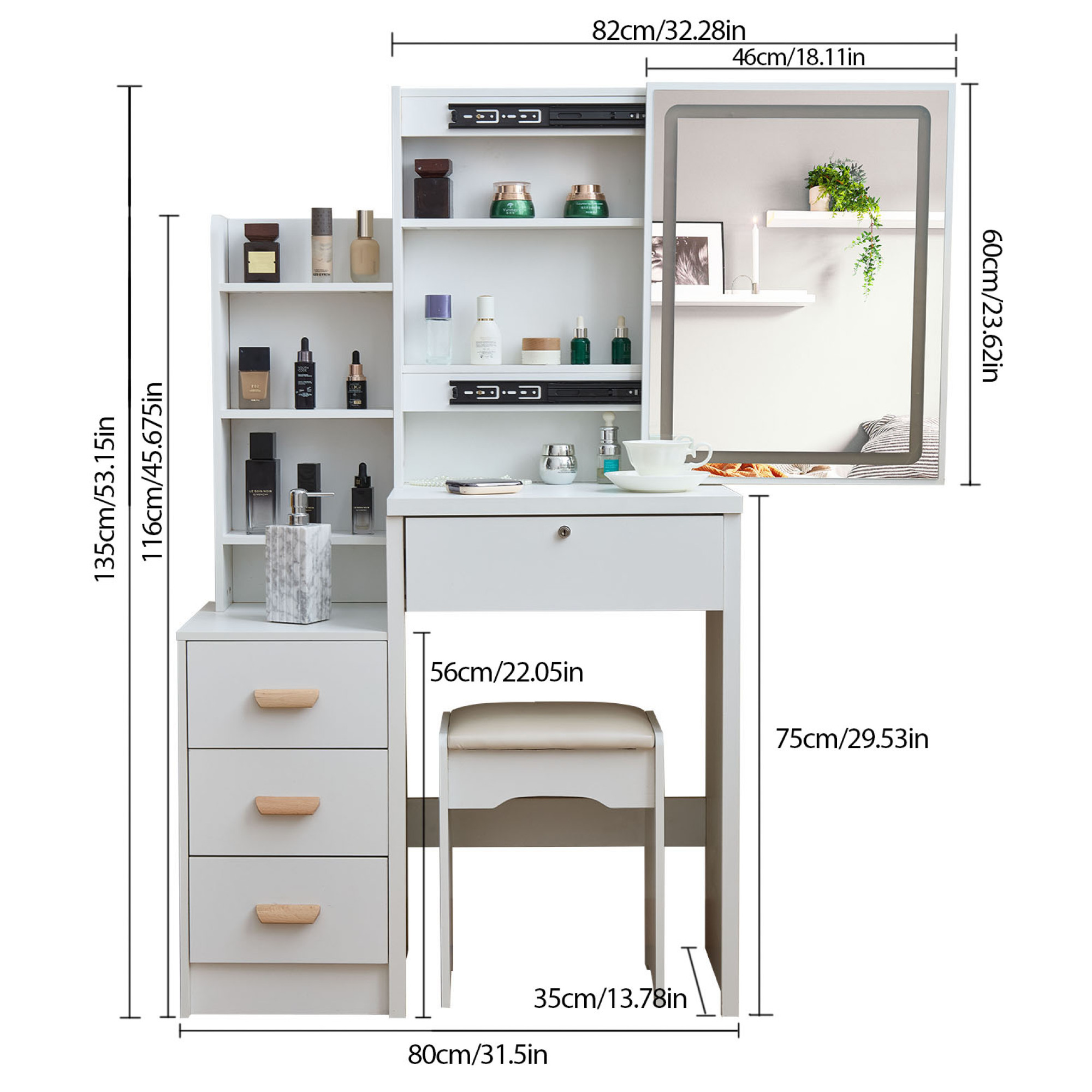 HOQBN Modern White Vanity Set with Mirror & Lights,Bedroom Makeup Table with Storage & Cushioned Stool,Dressing Table for Bedroom