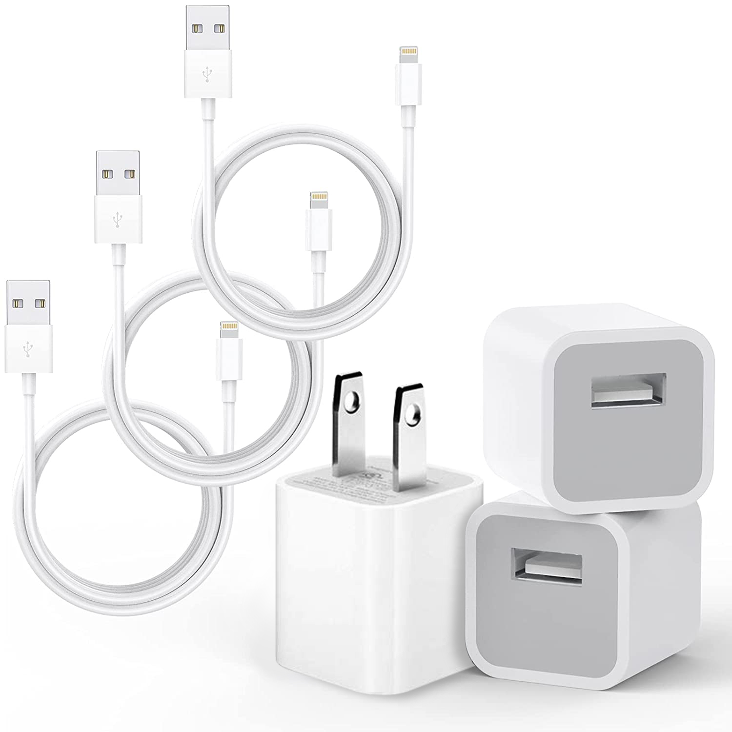 3Pack Lightning Charging Cable with USB Wall Power Adapter, cord with